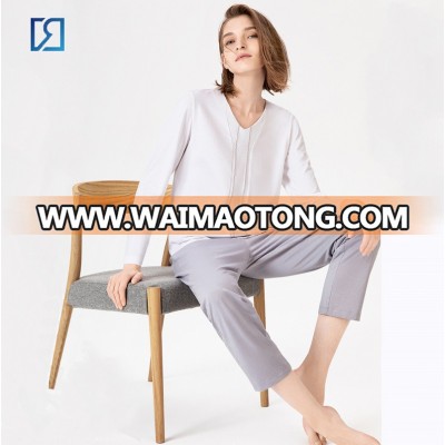 Comfortable  Cotton Solid Color V-Neck Long Sleeves Womens Loungewear