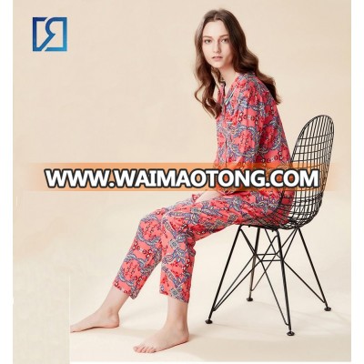 Spring Womens Sleepwear Contrast Color Print 2PC Set Long Sleeves  Front Opening Womens Lougewear Set