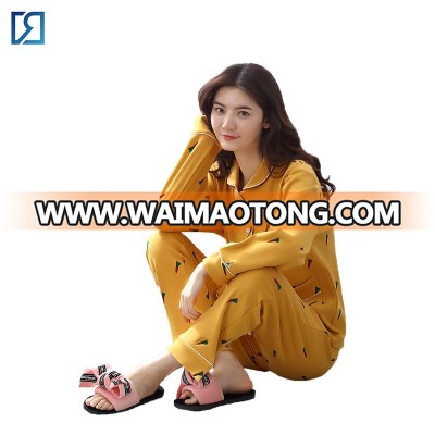 Spring Cotton Womens Sleepwear  With Cartoon Carrot Bright Yellow AOP  Ladies Long SLeeve Pajama Set