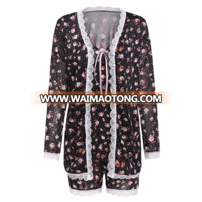 Printed Fashion Pajamas Lace Short Pajamas Suit Three Pieces Pajamas Set