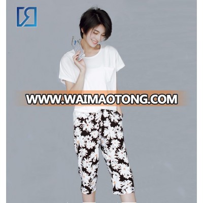 Spring Cotton T-Shirt+Pants Set Pajama Floral AO Print Womens Short Sleeves Lougewear Set