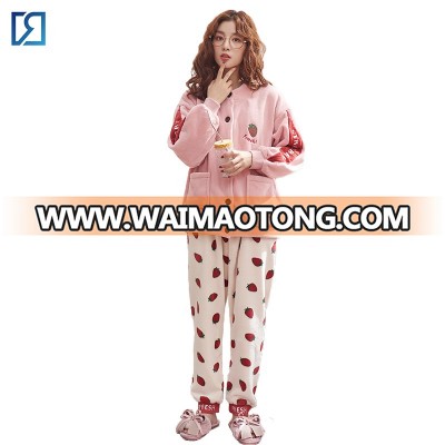 Winter Thick Flannel Sweet Strawberry Embroidery 2PC Set Long Drop Shoulder Style Womens Sleepwear Set