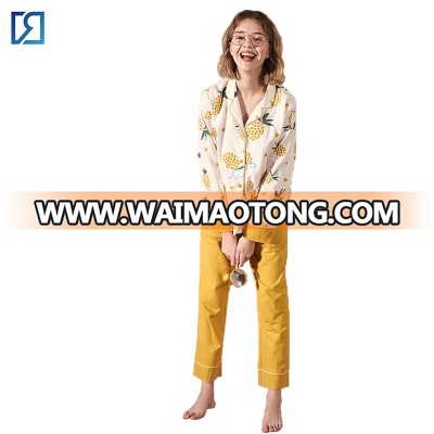 Spring Cotton Womens Sleepwear I Love Pineapple Prtint Ladies Long SLeeve Pajama Set