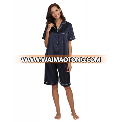 Short Sleeve Wholesale Woman Summer Silk Satin Nightwear Pajamas Set