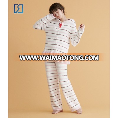 Striped Terry hooded Zipper Thermal Womens  Pajama Set