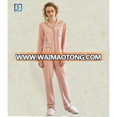 Spring Cotton Womens Sleepwear  With Bear EMB Ladies Long SLeeve Pajama Set