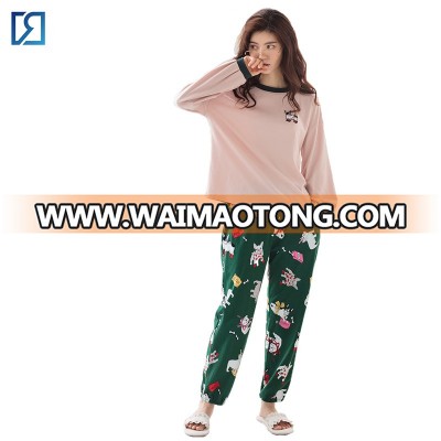 Spring Womens Sleepwear 100% High Quality Cotton 2PC Set Buldog AO Print  Womens Lougewear Set