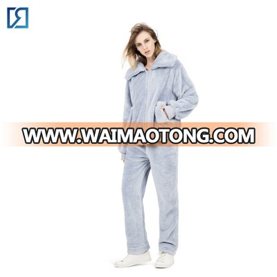 Big Turn Down Collar Knitted Jacket Coral Fleece Thermal Womens Pajamas Set